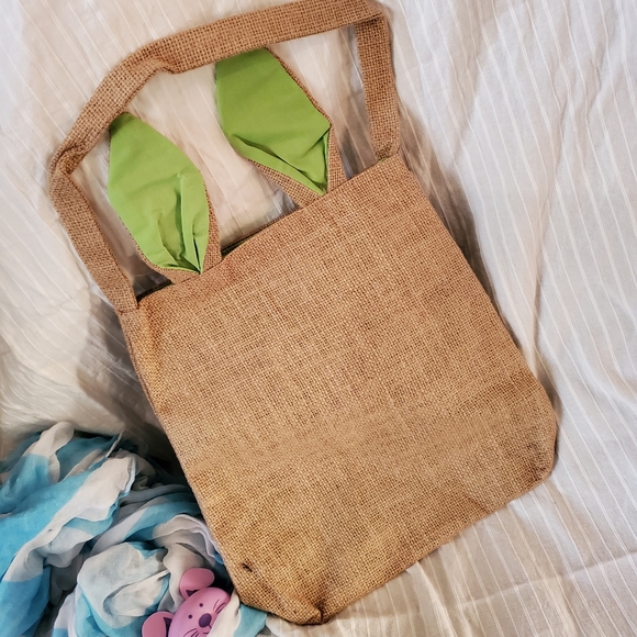 Burlap Cotton Lined Easter Basket Tote w Bunny Ears - Picture 4 of 6